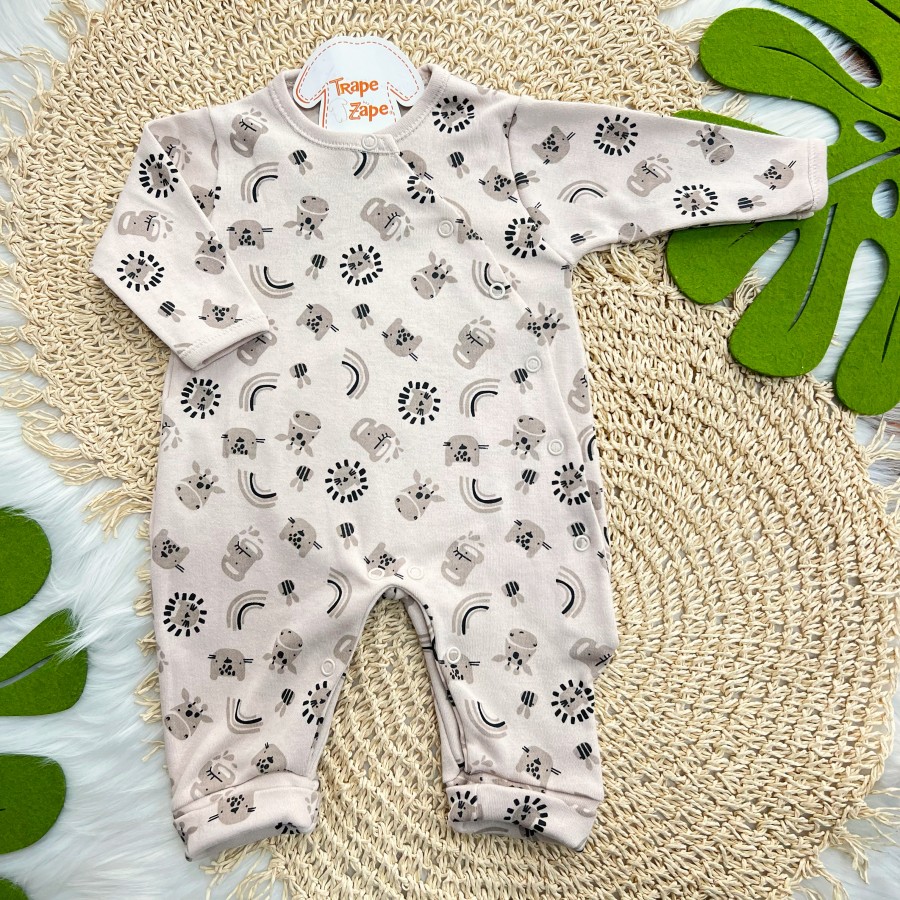 Macacão Malha Trape Zape - Safari e Bumbum Bordado Baby Leão - Bege